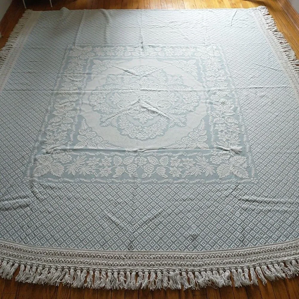Vtg Bates? Bedspread Coverlet Full Blue Floral Jacquard Fringe Victorian MCM